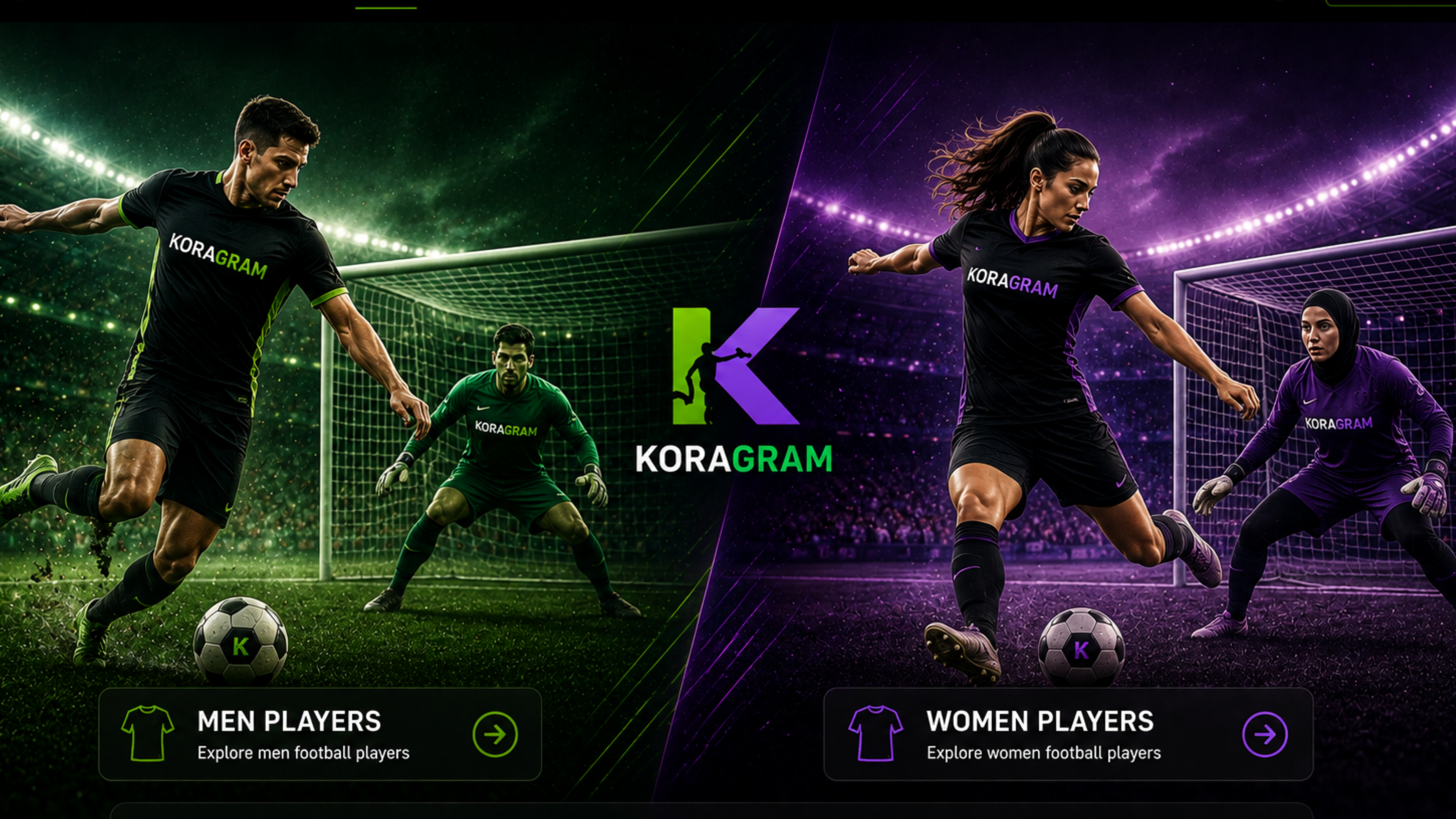 Split cover art of a men's football player and a women's football player facing off, with the Koragram crest between them